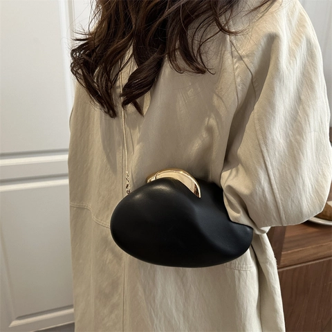 Irregular Pebble Shape Evening Clutch Bag Women PU Leather Metal Clasp Elegant Shoulder Bag With Chain Strap