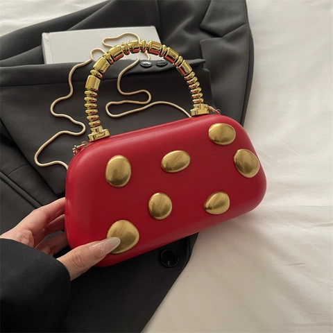Acrylic Evening Clutch Bag Women Retro Oval Box Handbag With Metal Pebble Studs And Chain Strap Party Accessory
