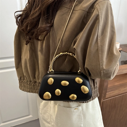 Acrylic Evening Clutch Bag Women Retro Oval Box Handbag With Metal Pebble Studs And Chain Strap Party Accessory