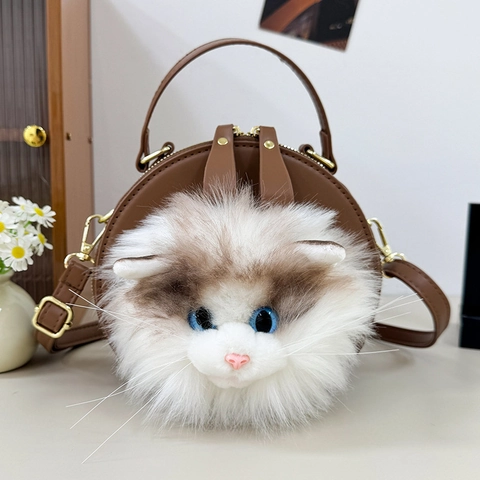 Borsa A Tracolla Rotonda Carina Novità Pelle PU Con Testa Di Gatto In Peluche 3D Realistica Manico Superiore Per Donne