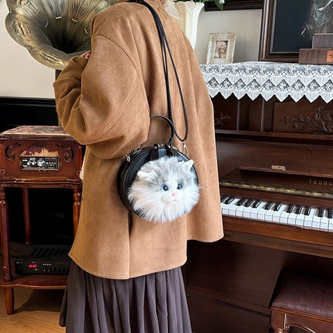 Borsa A Tracolla Rotonda Carina Novità Pelle PU Con Testa Di Gatto In Peluche 3D Realistica Manico Superiore Per Donne