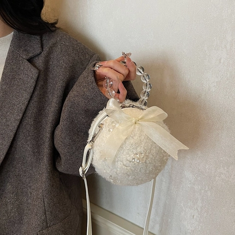 Spherical Plush Crossbody Bag Faux Fur Sweet Bow Clear Bead Handle Small Round Shoulder Handbag For Women