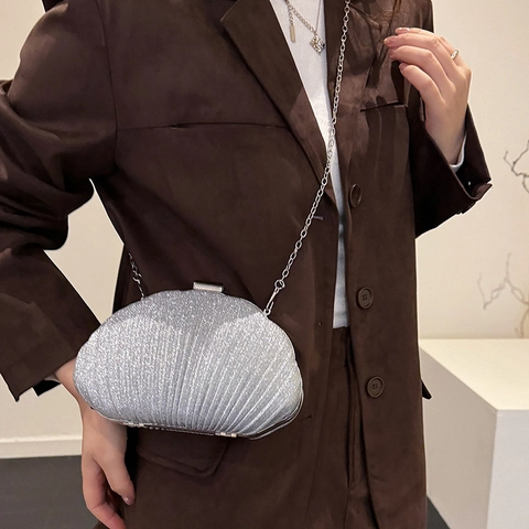 Borsa Da Sera A Forma Di Conchiglia Glitter Paillettes Texture Plissettata Party Matrimonio Borsa A Tracolla Con Catena Per Donna