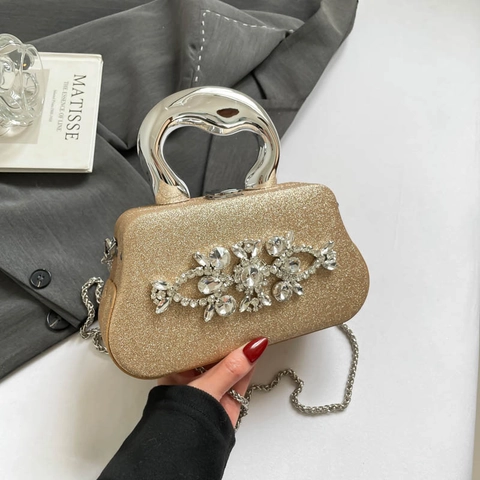 Rhinestone Flower Glitter Evening Bag With Metal Handle And Detachable Chain Strap For Women Party Wedding Clutch