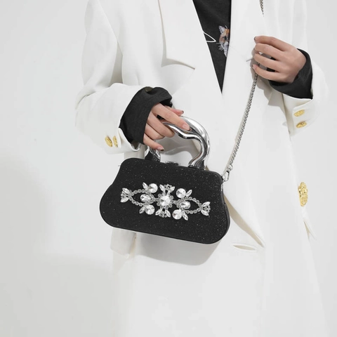 Rhinestone Flower Glitter Evening Bag With Metal Handle And Detachable Chain Strap For Women Party Wedding Clutch