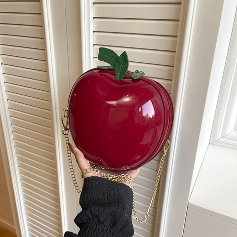 Bolso Bandolera Creativo Con Forma De Manzana Para Mujer Lindo Diseño De Fruta Mini Bolso Cadena De Metal Dorado PU