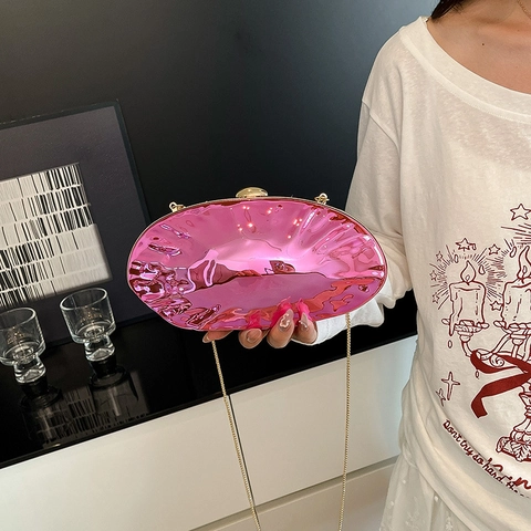 Bolso De Noche Concha Irregular Metálico Acrílico Galvanizado Textura Ondulada Correa Cadena Cartera Mano Boda Fiesta