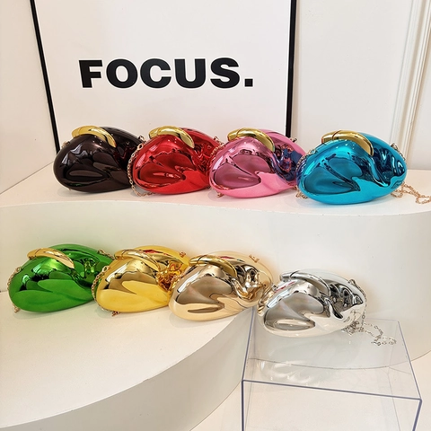 Evening Bag Acrylic Mirror Finish Irregular Organic Shape Pebble Style Clutch With Metal Chain Strap For Women Fashion