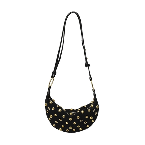 Damen Wildleder Halbmond Tasche Mit Goldene Nieten Und Ösen Retro Punk Stil Schultertasche Verstellbare Umhängetasche Mode Handtasche