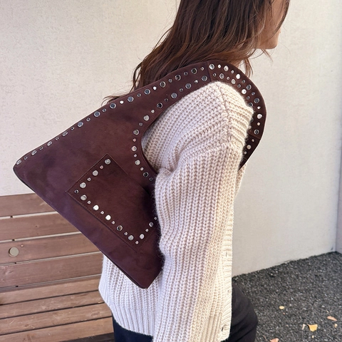 Sac À Bandoulière Hobo En Daim Pour Femmes Avec Rivets Argentés Style Bohème Vintage Sac À Main