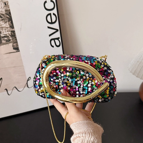 Sequin Evening Bag For Women With Metal Ring Handle And Detachable Chain Strap Oval Box Clutch Party Handbag