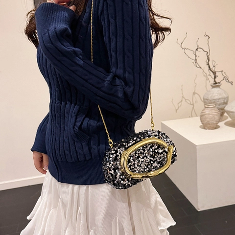 Sequin Evening Bag For Women With Metal Ring Handle And Detachable Chain Strap Oval Box Clutch Party Handbag