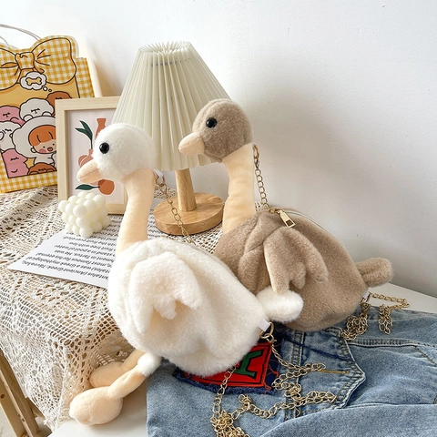 Cute Goose Shape Plush Crossbody Bag For Women Girls Cartoon Animal Shoulder Bag With Metal Chain Soft Small Phone Bag
