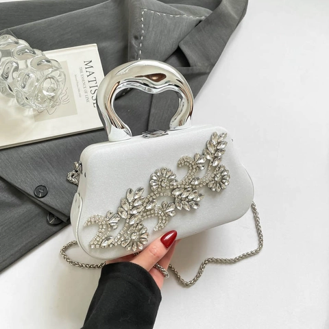 Borsa Da Sera Da Donna Pochette Con Fiori In Strass Luccicanti Con Manico In Metallo E Tracolla A Catena Per Festa Nozze