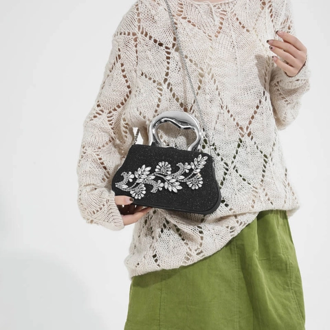 Borsa Da Sera Da Donna Pochette Con Fiori In Strass Luccicanti Con Manico In Metallo E Tracolla A Catena Per Festa Nozze