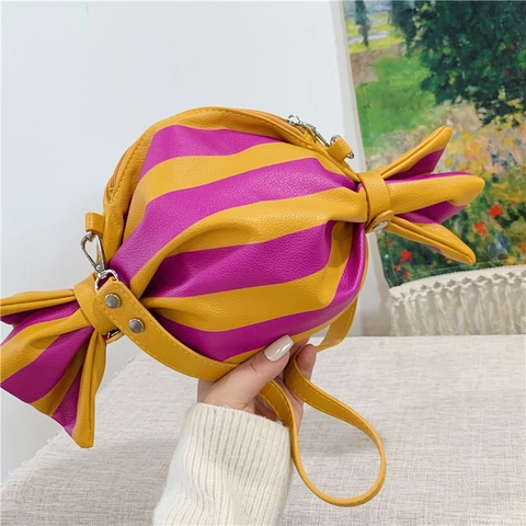 Candy Shape Crossbody Bag Lychee Pattern PU Leather Striped Shoulder Bag Novelty Sweet Purse For Women Girls