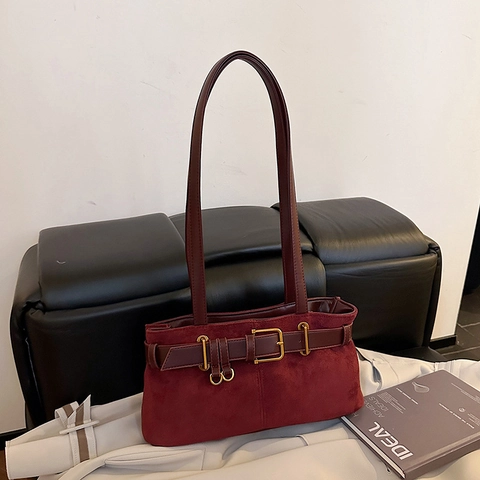 Women Retro Underarm Shoulder Bag Matte Faux Suede Large Capacity Vintage Belt Buckle Decoration Casual Versatile Handbag