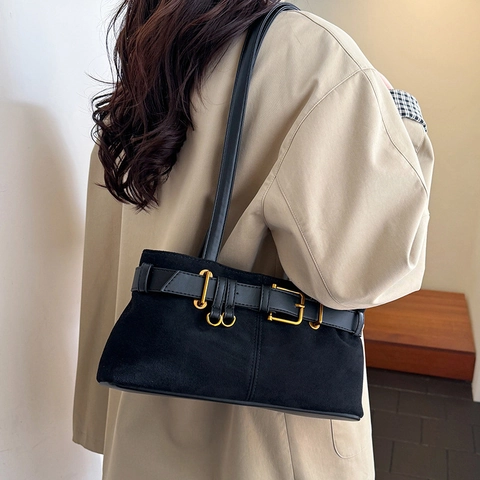 Women Retro Underarm Shoulder Bag Matte Faux Suede Large Capacity Vintage Belt Buckle Decoration Casual Versatile Handbag