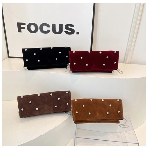 Rivet Faux Suede Clutch Bag With Chain Strap Rectangular Evening Shoulder Crossbody Purse For Women