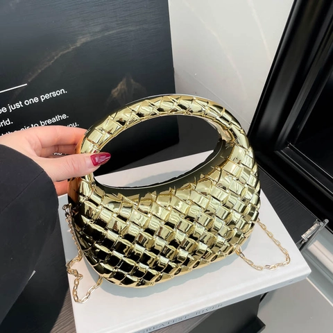 Damen Abendtasche Clutch Metallisch Acryl Gewebtes Muster Halbmond Hobo Tasche Mit Kettenschultergurt Party Hochzeit