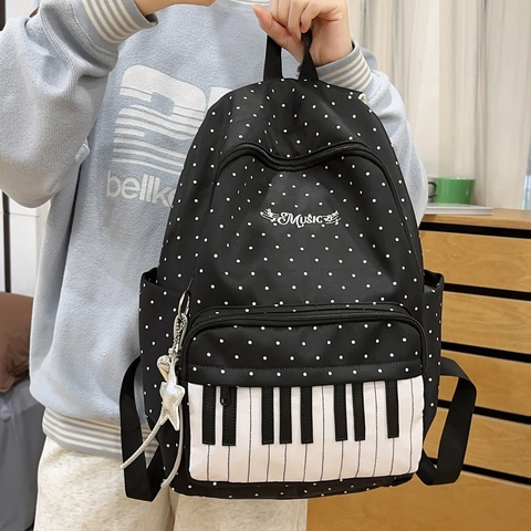 Fashion Nylon Backpack Music Piano Key Design Polka Dot School Bag For Students Korean Style Star Pendant