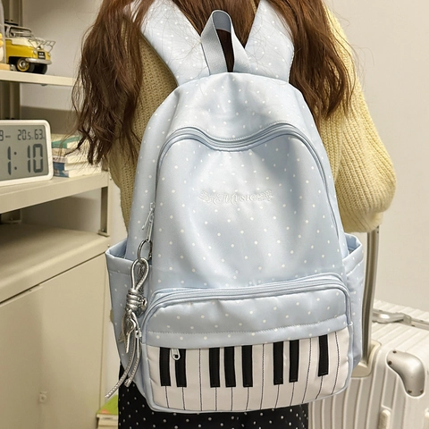 Fashion Nylon Backpack Music Piano Key Design Polka Dot School Bag For Students Korean Style Star Pendant