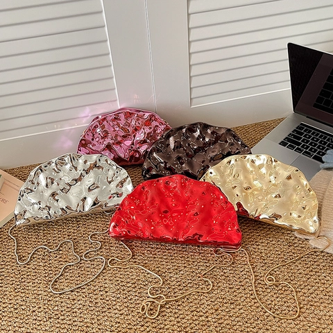 Women Metallic Pleated Evening Bag Acrylic Crinkled Texture Clutch With Chain Strap Crossbody Handbag For Party