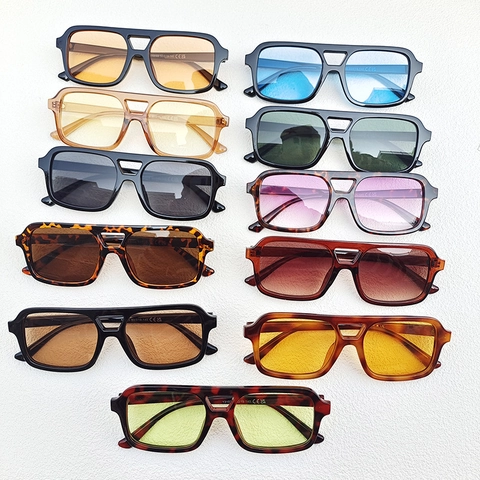 Lunettes De Soleil Rétro Carrées À Double Pont Protection UV400 Monture En Résine Verres PC Mode Pour Femmes