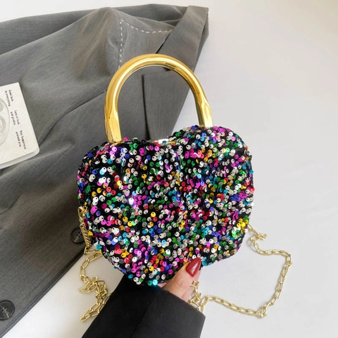 Sac De Soirée À Paillettes En Forme De Coeur Pochette Scintillante Avec Poignée Ronde En Métal Et Bandoulière Chaîne