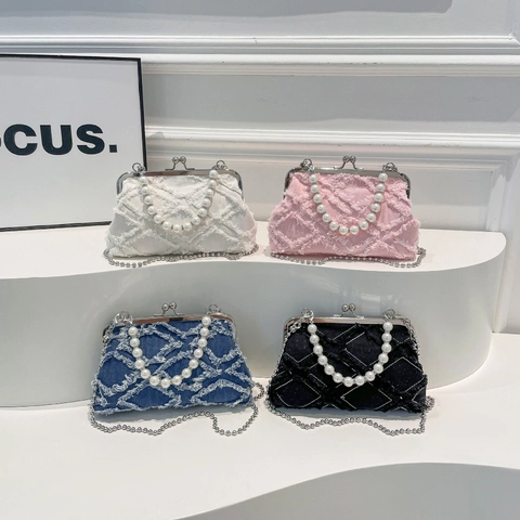 Women Retro Denim Canvas Crossbody Bag With Artificial Pearl Handle Quilted Rhombus Frayed Edge Clasp Chain Handbag