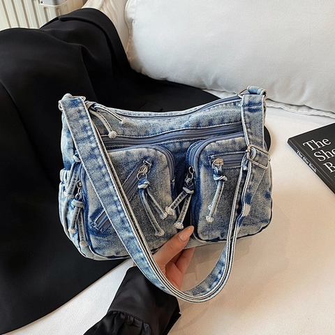 Retro Waschen Denim Umhängetasche Mit Multi Taschen Streetwear Cargo Stil Crossbody Tasche Für Frauen Lässig Täglich Reisen