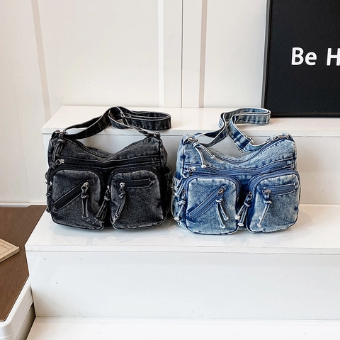 Washed Denim Umhängetasche Mehrere Taschen Utility Style Große Kapazität Lässige Messenger Bag Mit Verstellbarem Riemen