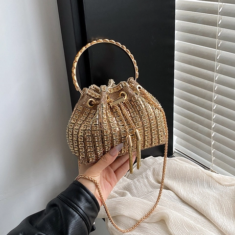 Damen Strass Abend Eimer Tasche Mit Metall Ring Griff Und Kordelzug Quaste Kette Schulterriemen PU Leder