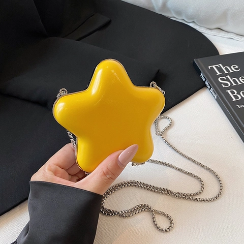 Star Shaped Mini Bag PU Leather Hard Shell Lipstick Case Metal Chain Crossbody Shoulder Purse Fashion Accessory Women