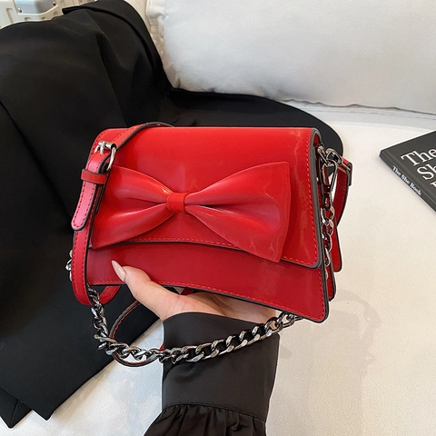Sac Bandoulière En Cuir PU Avec Nœud Petit Sac Carré Chaîne Métallique Mode Tendance Élégant Sac À Main Femme