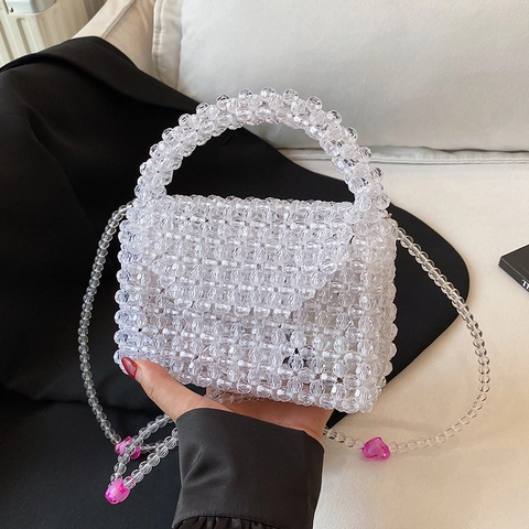 Handmade Acrylic Beaded Handbag Women Transparent Mini Square Crossbody Bag Heart Decor Strap Woven Summer Purse