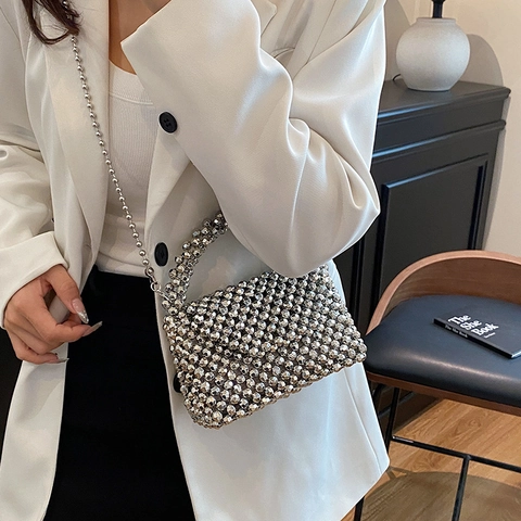 Handmade Acrylic Beaded Handbag Women Transparent Mini Square Crossbody Bag Heart Decor Strap Woven Summer Purse
