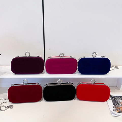 Velvet Evening Clutch Bag Rhinestone Ring Clasp Metal Chain Party Wedding Crossbody Shoulder Purse Elegant Fashion Women
