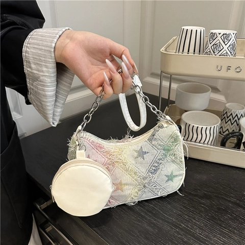 Fashion Denim Canvas Checkerboard Star Underarm Bag With Chain Frayed Edge Fringe Distressed Shoulder Bag Purse Coin Pouch Set For Women