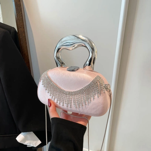 Rhinestone Tassel Evening Bag With Sculptural Metal Handle PU Leather Clutch Shoulder Handbag For Party Wedding