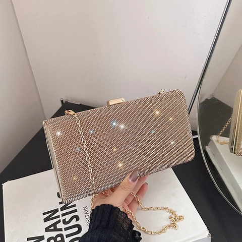 Women Rhinestone Evening Bag Elegant Sparkly Box Clutch Bag With Chain Strap Formal Party Banquet Wedding Dress Handbag