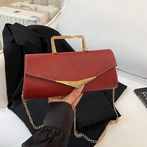 Women Fashion PU Leather Crossbody Bag Lychee Pattern Gold Metal Handle Chain Strap V-Shape Buckle Retro Envelope Handbag