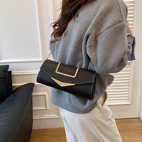 Women Fashion PU Leather Crossbody Bag Lychee Pattern Gold Metal Handle Chain Strap V-Shape Buckle Retro Envelope Handbag