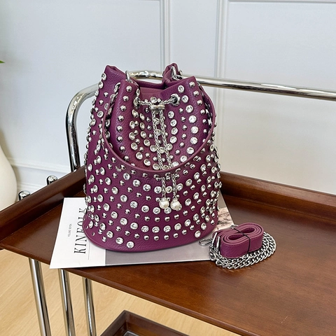 Women Bucket Bag PU Leather Rivet Rhinestone Artificial Pearl Drawstring Chain Strap Large Capacity Shoulder Crossbody Fashion