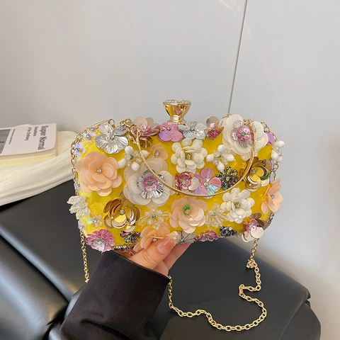 Evening Bag 3D Flower Decorated Clutch Rhinestone Sequin Banquet Party Wedding Metal Handle Chain Strap Women