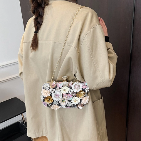 Evening Bag 3D Flower Decorated Clutch Rhinestone Sequin Banquet Party Wedding Metal Handle Chain Strap Women