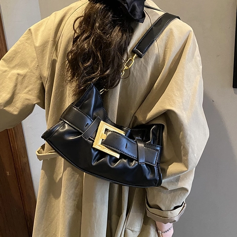 Borsa A Spalla In Pelle PU Arricciata Da Donna Borsa Sottobraccio Plissettata Retro Con Grande Fibbia Dorata Catena Trendy