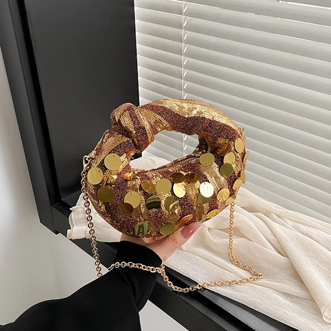 Pailletten Hobo Tas Voor Dames Geknoopte Handgreep Party Avondhandtas Met Metalen Kettingriem Halve Maan Vorm