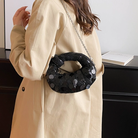 Pailletten Hobo Tas Voor Dames Geknoopte Handgreep Party Avondhandtas Met Metalen Kettingriem Halve Maan Vorm