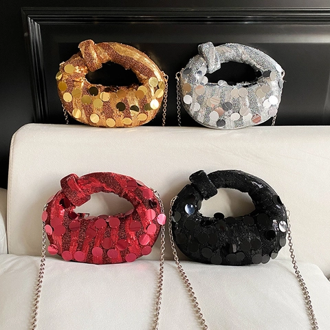 Sequin Evening Bag With Knot Handle And Detachable Metal Chain Strap Women Party Clutch Hobo Handbag